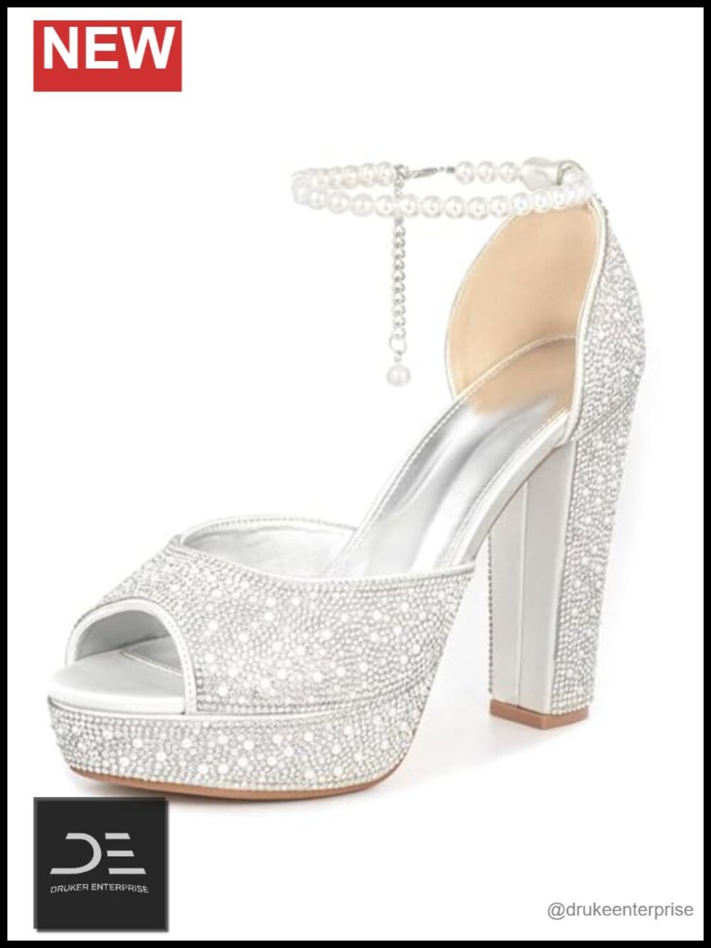 Women's Platform Heel Sandals Chunky Block Pump Sparkly Pearl Rhinestone Peep